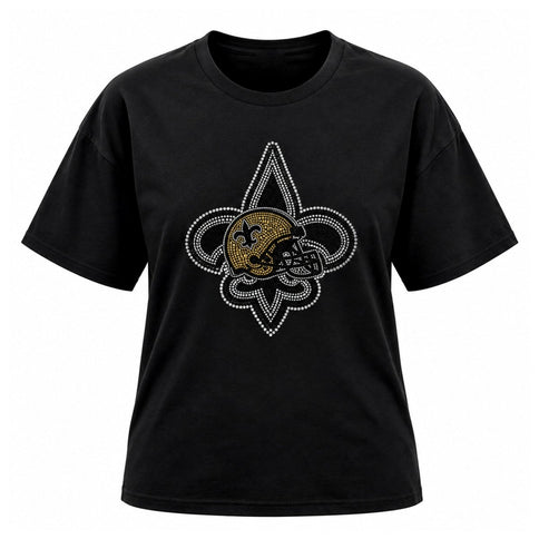 Unisex Rhinestone Fleur de Lis Football T-Shirt - Mardi Gras Apparel - Black & Gold, Crew Neck, Ladies - Rhinestone Tee-Shirt