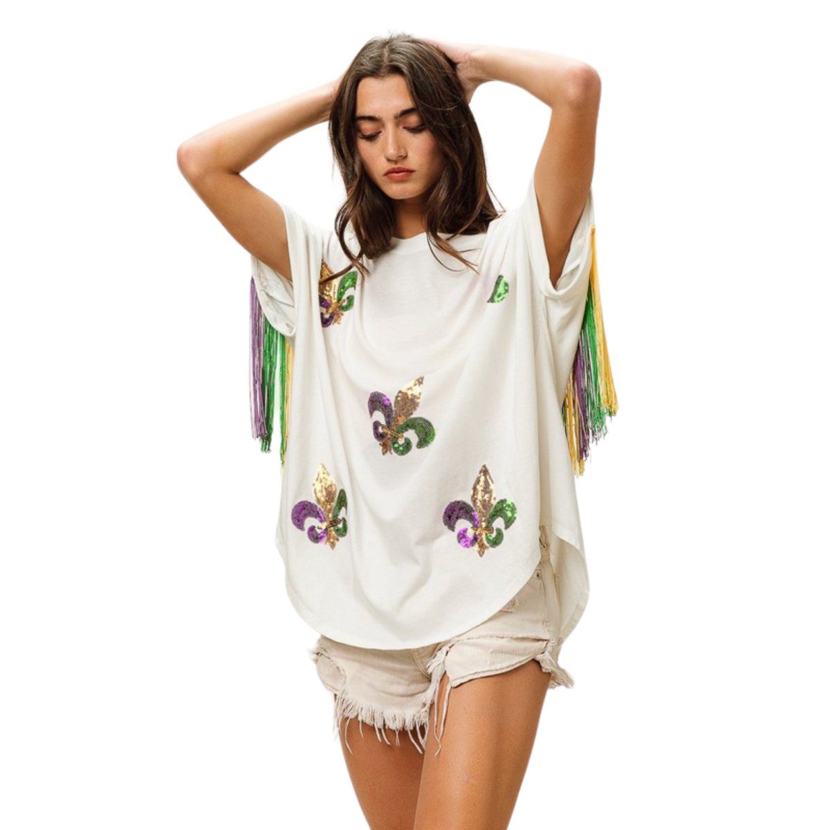 Vintage Washed Off White Fleur Mardi Gras Top - Mardi Gras Apparel - Adult, Front Design, Ladies - 