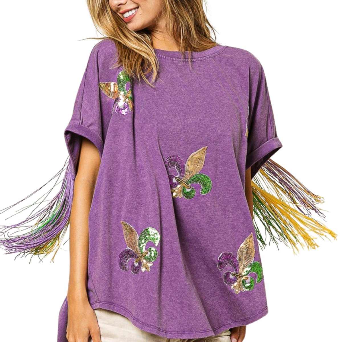 Vintage Washed Purple Fleur Mardi Gras Top - Mardi Gras Apparel - Adult, Front Design, Ladies - 