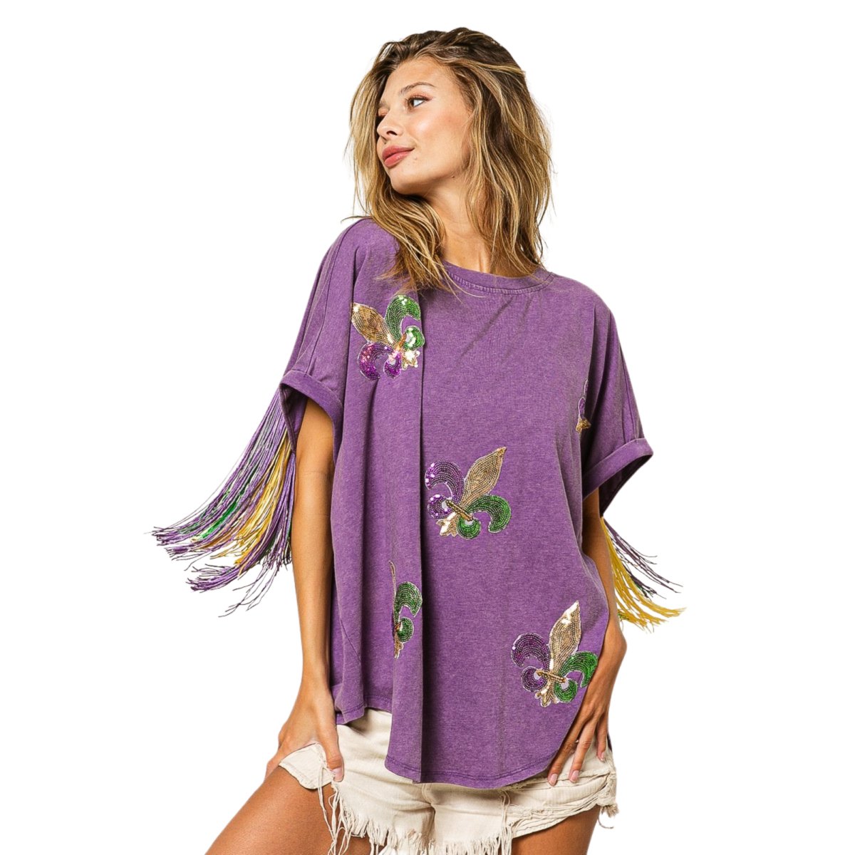 Vintage Washed Purple Fleur Mardi Gras Top - Mardi Gras Apparel - Adult, Front Design, Ladies - 