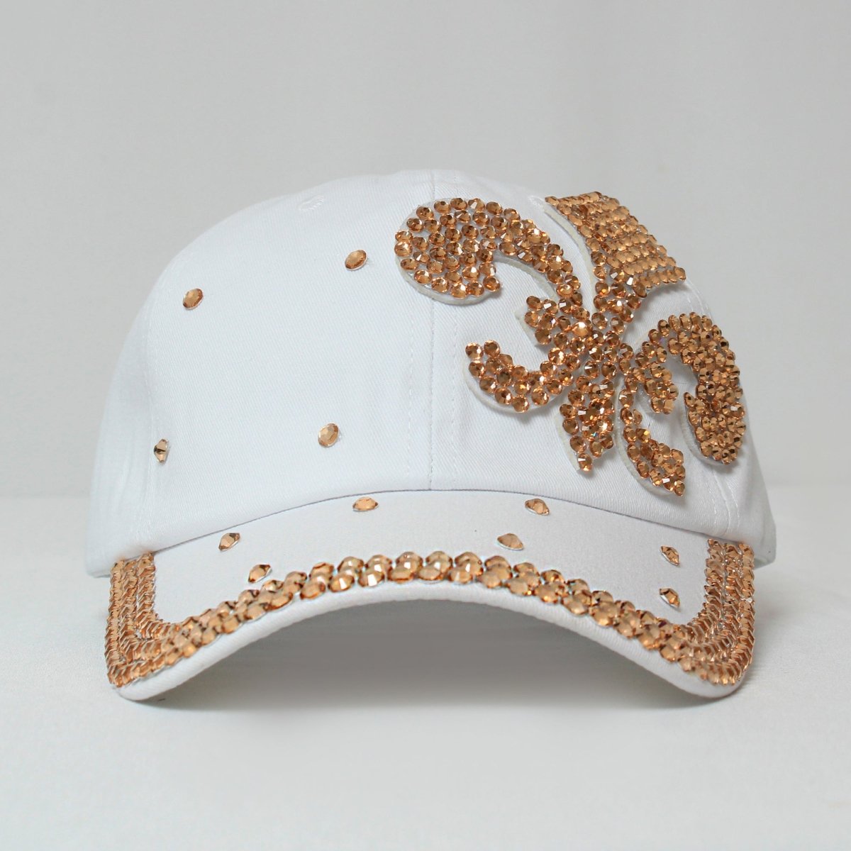 White Fleur De Lis Gold Crystal Embellished Cap - Mardi Gras Apparel - Accessories, Hats, Mardi Gras - Hats