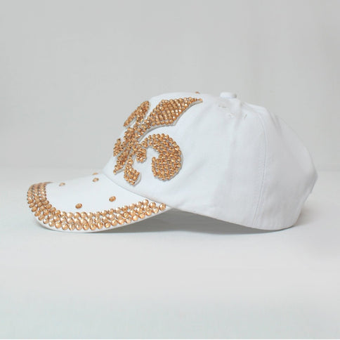 White Fleur De Lis Gold Crystal Embellished Cap - Mardi Gras Apparel - Accessories, Hats, Mardi Gras - Hats