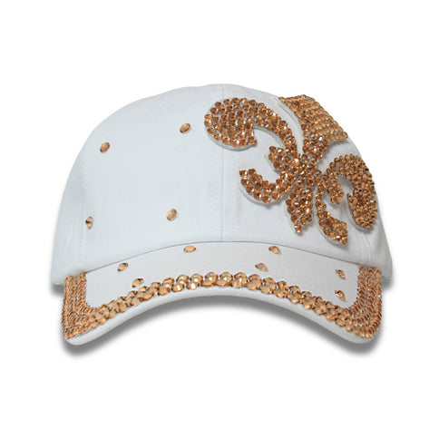 White Fleur De Lis Gold Crystal Embellished Cap - Mardi Gras Apparel - Accessories, Hats, Mardi Gras - Hats