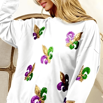 White Fleur De Lis Sequin Patches Mardi Gras Pullover - Mardi Gras Apparel - Adult, Bibi, Bibi Top Chart - Sequin