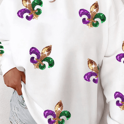 White Fleur De Lis Sequin Patches Mardi Gras Pullover - Mardi Gras Apparel - Adult, Bibi, Bibi Top Chart - Sequin