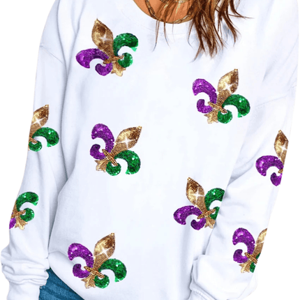 White Fleur De Lis Sequin Patches Mardi Gras Pullover - Mardi Gras Apparel - Adult, Bibi, Bibi Top Chart - Sequin