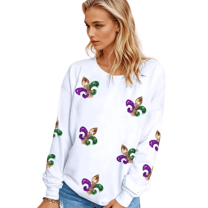 White Fleur De Lis Sequin Patches Mardi Gras Pullover - Mardi Gras Apparel - Adult, Bibi, Bibi Top Chart - Sequin