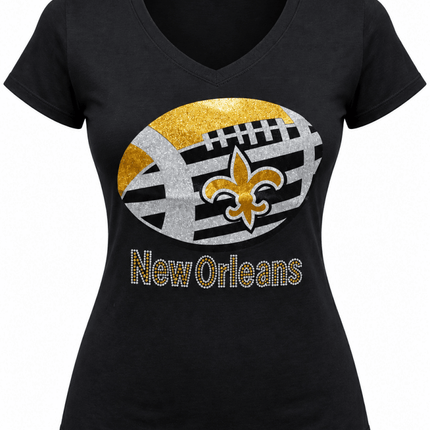 Women’s Glitter New Orleans Black & Gold Football Fleur-de-Lis V-Neck T-Shirt - Mardi Gras Apparel - , , - Tee-Shirt