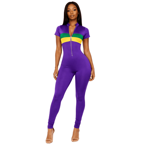 Women’s Mardi Gras Purple Zip - Front Jumpsuit - Mardi Gras Apparel - Adult, Ladies, Machine Washable - Jumpsuit