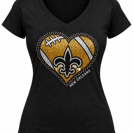 Women’s New Orleans Black & Gold Football Heart V-Neck T-Shirt - Mardi Gras Apparel - , , - Rhinestone Tee-Shirt
