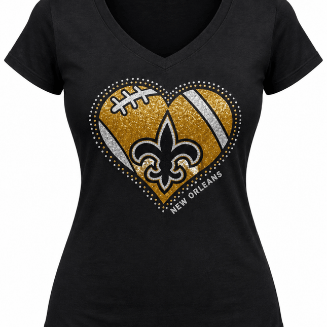 Women’s New Orleans Black & Gold Football Heart V-Neck T-Shirt - Mardi Gras Apparel - , , - Rhinestone Tee-Shirt