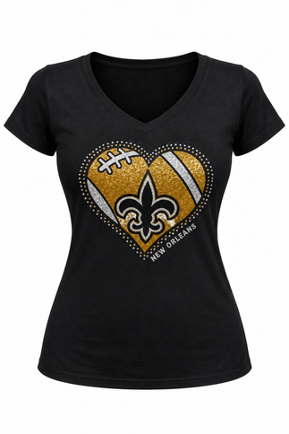 Women’s New Orleans Black & Gold Football Heart V-Neck T-Shirt - Mardi Gras Apparel - , , - Rhinestone Tee-Shirt