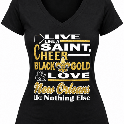 Women’s New Orleans Black & Gold Football V-Neck T-Shirt – Live Like a Saint - Mardi Gras Apparel - , , - Tee-Shirt