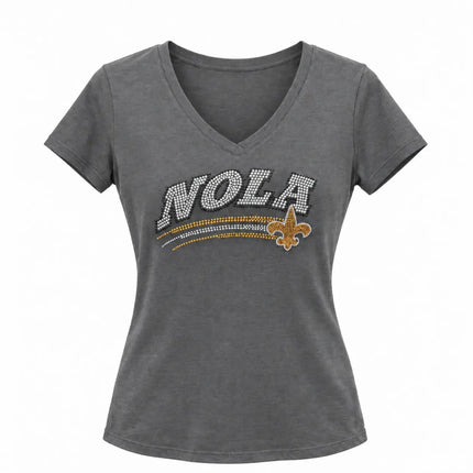 Women’s NOLA Rhinestone V-Neck T-Shirt Gray - Mardi Gras Apparel - Black & Gold, Ladies, New Orleans - Rhinestone Tee-Shirt