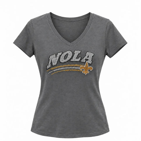 Women’s NOLA Rhinestone V-Neck T-Shirt Gray - Mardi Gras Apparel - Black & Gold, Ladies, New Orleans - Rhinestone Tee-Shirt