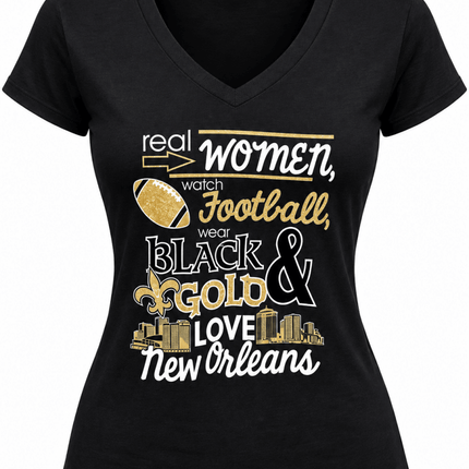 Women’s Real Women Watch Football Black & Gold New Orleans V-Neck T-Shirt - Mardi Gras Apparel - , , - Tee-Shirt