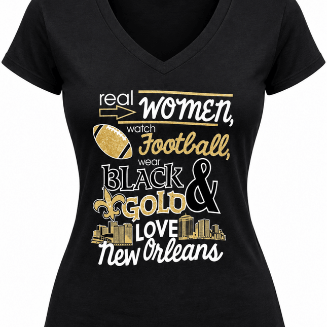 Women’s Real Women Watch Football Black & Gold New Orleans V-Neck T-Shirt - Mardi Gras Apparel - , , - Tee-Shirt