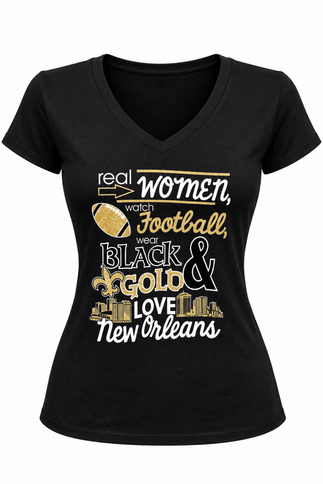 Women’s Real Women Watch Football Black & Gold New Orleans V-Neck T-Shirt - Mardi Gras Apparel - , , - Tee-Shirt