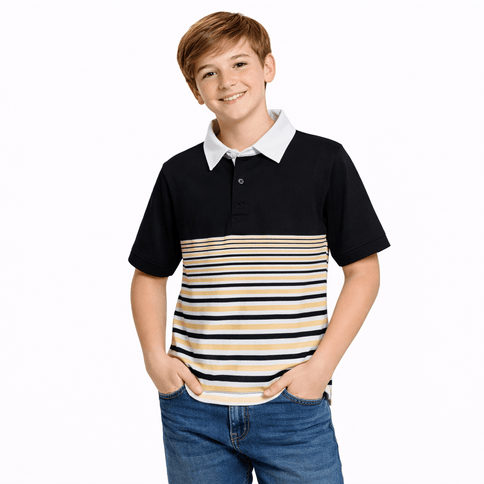 Youth Black & Gold Striped Panel Polo Shirt - Mardi Gras Apparel - apparel discount tier, Black & Gold, Unisex - Rugby Polo