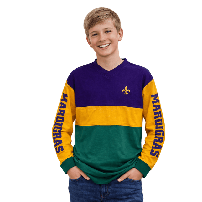 Youth Mardi Gras Unisex Color - Block Raglan Long Sleeve Tee - Mardi Gras Apparel - 100% Cotton, Back Design, Children's Unisex - Raglan Long Sleeve Tee