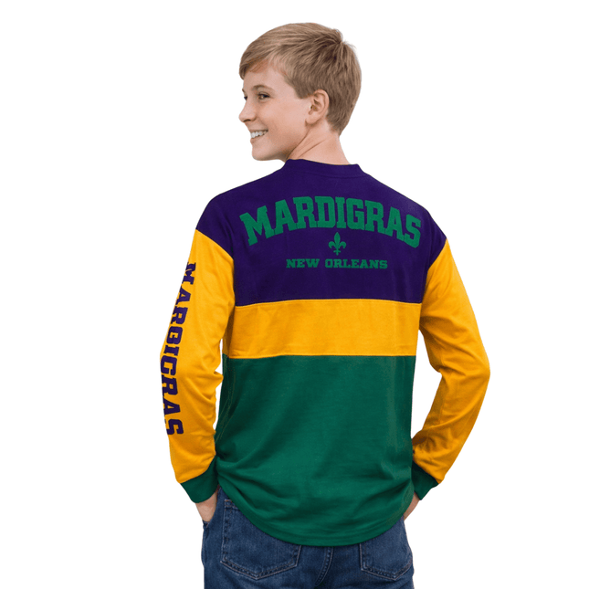 Youth Mardi Gras Unisex Color - Block Raglan Long Sleeve Tee - Mardi Gras Apparel - 100% Cotton, Back Design, Children's Unisex - Raglan Long Sleeve Tee