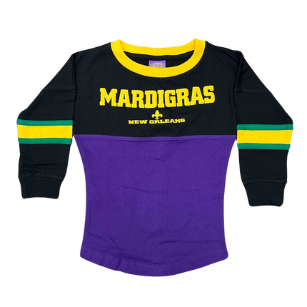 Youth Unisex Mardi Gras Color - Block Long Sleeve Raglan Tee - Mardi Gras Apparel - 100% Cotton, Back Design, Children's Unisex - Raglan Long Sleeve Tee
