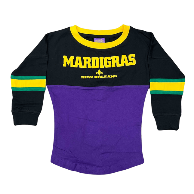 Youth Unisex Mardi Gras Color - Block Long Sleeve Raglan Tee - Mardi Gras Apparel - 100% Cotton, Back Design, Children's Unisex - Raglan Long Sleeve Tee