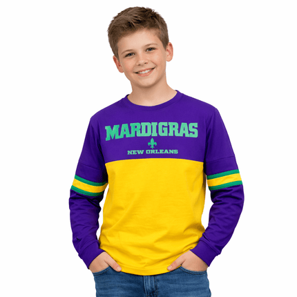 Youth Unisex Mardi Gras Long Sleeve Paneled Raglan Tee - Mardi Gras Apparel - 100% Cotton, apparel discount tier, Back Design - Raglan Long Sleeve Tee