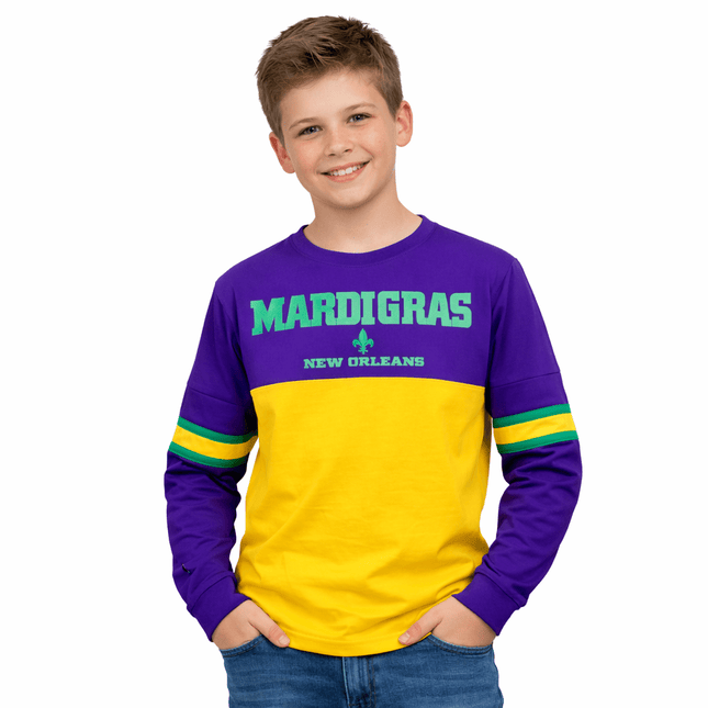 Youth Unisex Mardi Gras Long Sleeve Paneled Raglan Tee - Mardi Gras Apparel - 100% Cotton, apparel discount tier, Back Design - Raglan Long Sleeve Tee