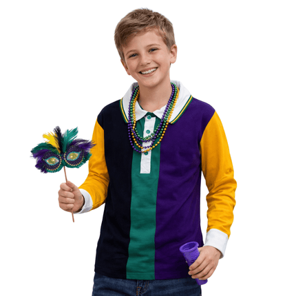 Youth Unisex Mardi Gras Long Sleeve Polo Shirt Purple, Green & Gold - Mardi Gras Apparel - 100% Cotton, Button Up, Children - Rugby Polo