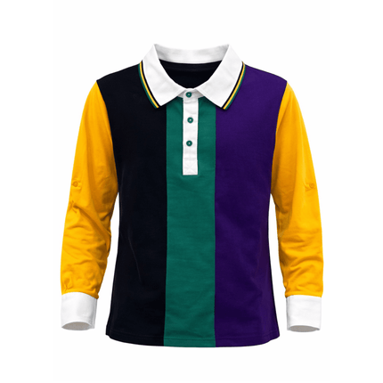 Youth Unisex Mardi Gras Long Sleeve Polo Shirt Purple, Green & Gold - Mardi Gras Apparel - 100% Cotton, Button Up, Children - Rugby Polo