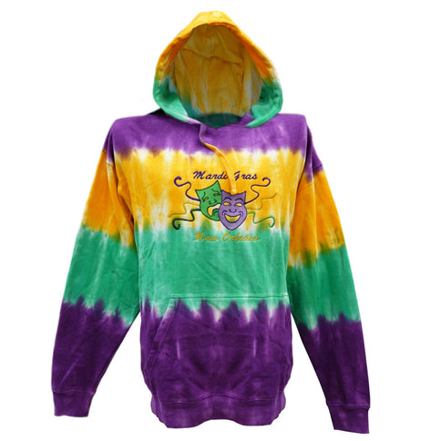 Adult Embroidered Mardi Gras Tie Dyed Comedy Tragedy Hoodie w/Draw String - Mardi Gras Apparel - Adult, Adult Unisex, Front Design - Hoodie Long Sleeve Paneled Sweat Shirt