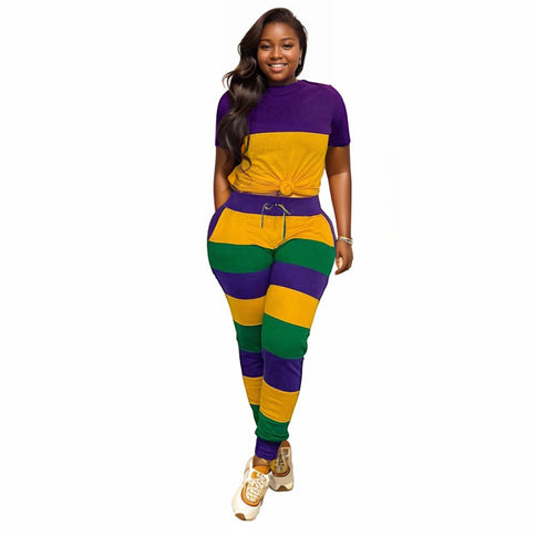 Adult Ladies Festive Spirit Mardi Gras Jogger Set #1 - Mardi Gras Apparel - Adult, Gold, Green - 