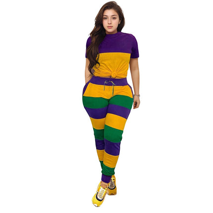 Adult Ladies Festive Spirit Mardi Gras Jogger Set #1 - Mardi Gras Apparel - Adult, Gold, Green - 
