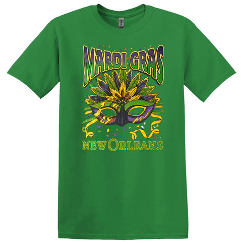 Adult Mardi Gras Mask New Orleans Green Tee - Shirt - Mardi Gras Apparel - Adult, Crew Neck, Front Design - Tee - Shirt