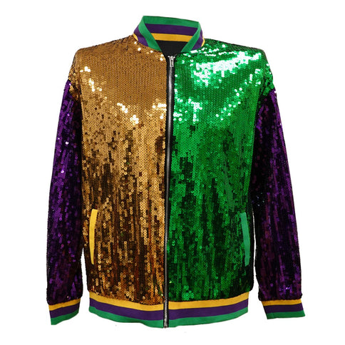 Adult Unisex Purple, Gold, & Green Sequin Mardi Gras Jacket w/Yellow, Purple, & Green Trim - Mardi Gras Apparel - Adult, Adult Unisex, Gold - Sequin Jacket