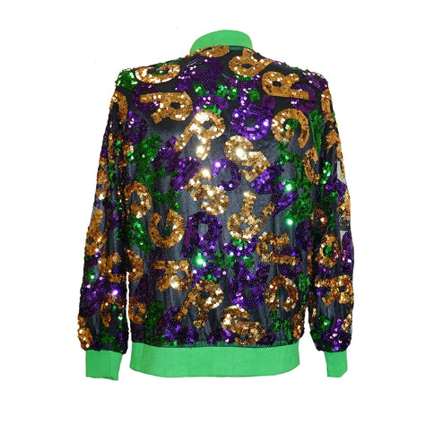 Black Mardi Gras Sequenced Lettered Jacket w/Green Trim - Mardi Gras Apparel - Adult, Black, Gold - Sequin Jacket