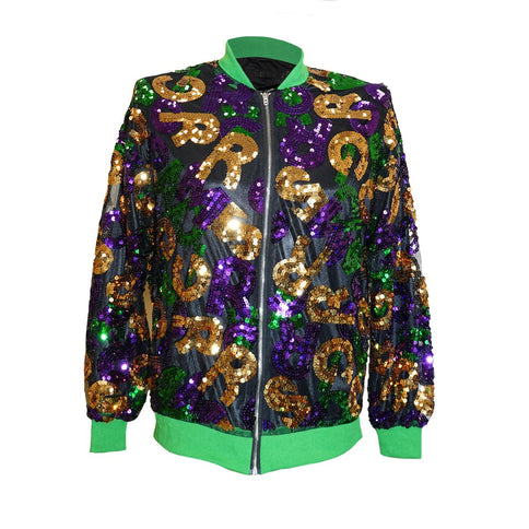 Black Mardi Gras Sequenced Lettered Jacket w/Green Trim - Mardi Gras Apparel - Adult, Black, Gold - Sequin Jacket