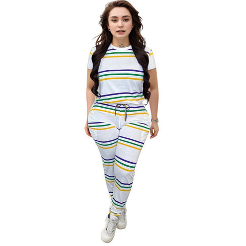 Carnival Bliss Striped Tee & Jogger Lounge Set - Mardi Gras Apparel - Adult, Green, Ladies -