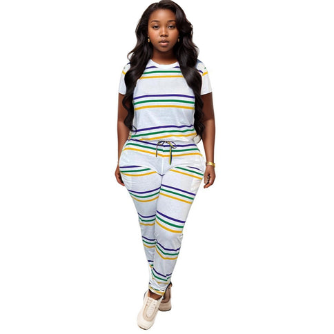 Carnival Bliss Striped Tee & Jogger Lounge Set - Mardi Gras Apparel - Adult, Green, Ladies -