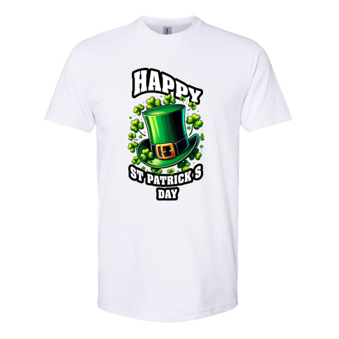 Classic White St. Patrick's Day Top Hat & Shamrocks T-Shirt - Mardi Gras Apparel - 100% Cotton, Adult, Front Design - 