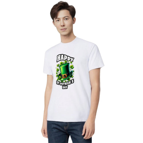 Classic White St. Patrick's Day Top Hat & Shamrocks T-Shirt - Mardi Gras Apparel - 100% Cotton, Adult, Front Design - 