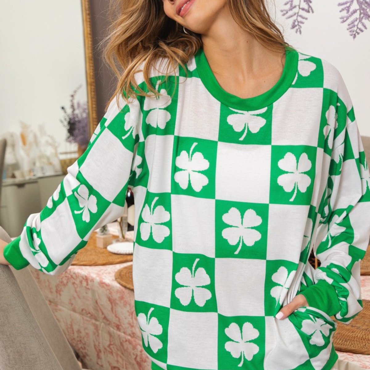 Clover Checker Print Double Pocket Sweatshirt - Mardi Gras Apparel