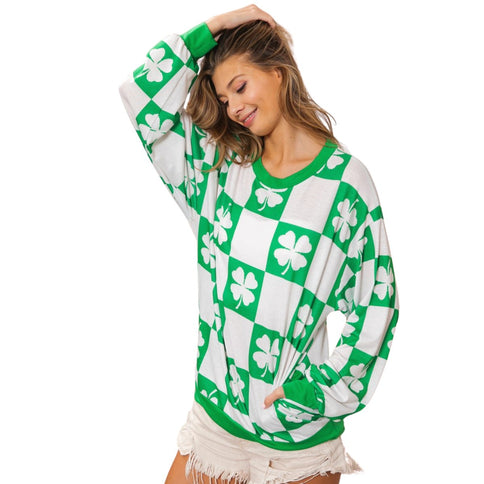 Clover Checker Print Double Pocket Sweatshirt - Mardi Gras Apparel - Adult, Green, Ladies -