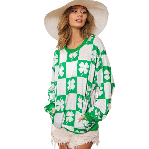 Clover Checker Print Double Pocket Sweatshirt - Mardi Gras Apparel - Adult, Green, Ladies -