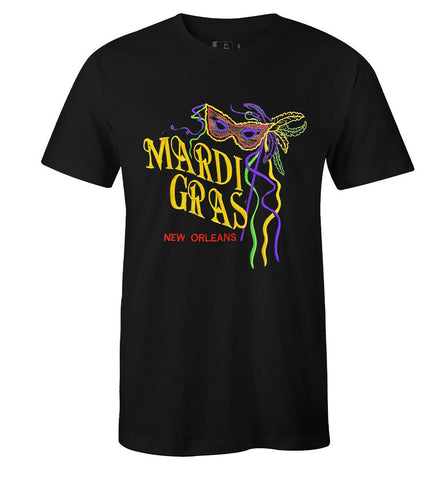 Embroidered Mardi Gras New Orleans Hand Mask Black T-Shirt - Mardi Gras Apparel - Adult Unisex, Black, Embroidered Shirts - 