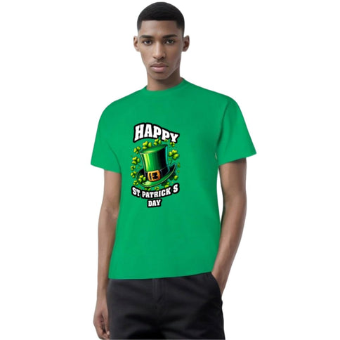 Emerald Green St. Patrick's Day Top Hat & Shamrocks T-Shirt - Mardi Gras Apparel - 100% Cotton, Adult, Front Design - 