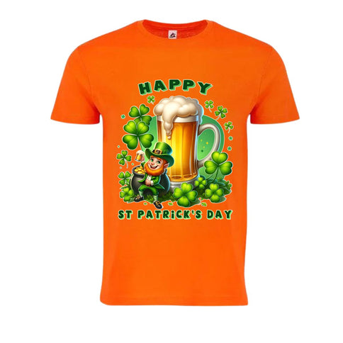 Festive Orange St. Patrick's Day Leprechaun & Shamrock T-Shirt - Mardi Gras Apparel - Adult, Front Design, Green - 