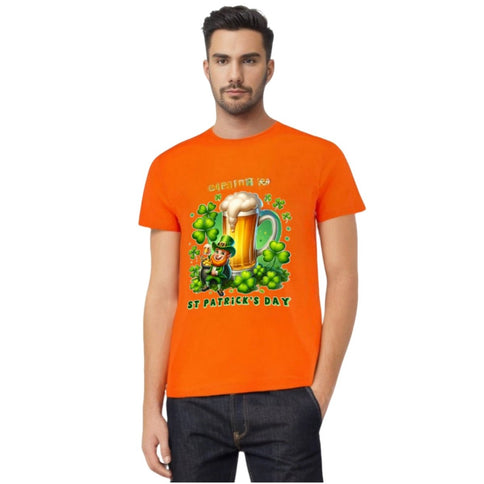 Festive Orange St. Patrick's Day Leprechaun & Shamrock T-Shirt - Mardi Gras Apparel - Adult, Front Design, Green - 