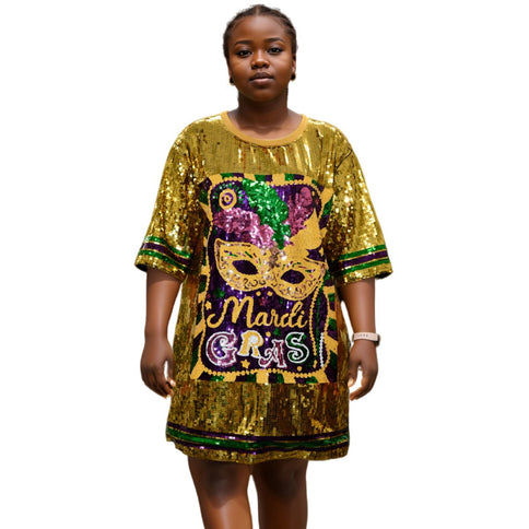 Fleur de Mardi Gras Sequined Gold Dress - Mardi Gras Apparel - Adult, Back Design, Dress - Dress